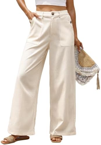 Bsubseach Womens Cotton Linen Pants Wide Leg Work Casual Pants