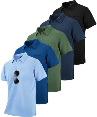 ZITY 5 Pack Polo Shirts for Men with Pocket Dry Quickly Short Sleeve Athletic Outdoor Work Collared Shirts