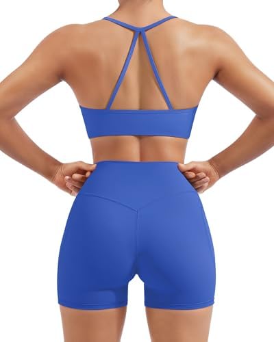 SUUKSESS Women 2 Piece Workout Sets Padded Halter Sports Bras High Waisted Biker Shorts with Pockets