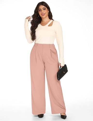 1X-5X Plus Size Wide Leg Dress Pants Women Pull On Stretchy Work Pants