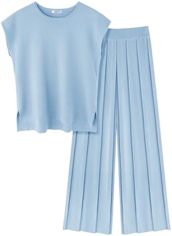 Ekouaer Lounge Sets for Women Two Piece Outfits Knit Cap Sleeve Tops Wide Leg Pleated Pants Casual Dressy Sweater Sets