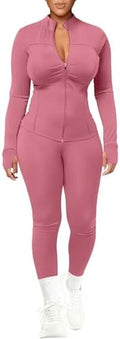 UOUA Womens Workout Set 2 Piece Outfit Bodycon Gym Tracksuit