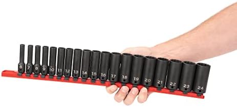 TEKTON 3/8 Inch Drive Impact Socket Set, 19-Piece | SID91115 | (6 - 24 mm), Deep, 12-Point, Socket Rail