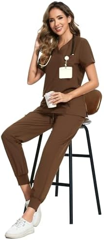 COZYFIT Scrubs for Women Set - Stretch V-Neck & Jogger Pant with 9 Pockets