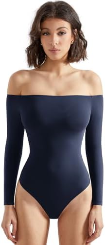 SUUKSESS Women Off Shoulder Long Sleeve Bodysuits Double Lined Basic Tops
