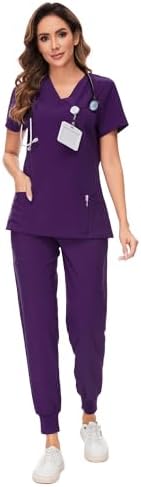 COZYFIT Scrubs for Women Set - Stretch V-Neck & Jogger Pant with 9 Pockets