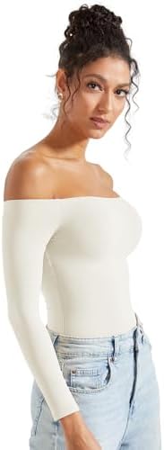 SUUKSESS Women Off Shoulder Long Sleeve Bodysuits Double Lined Basic Tops