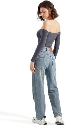 SUUKSESS Women Off Shoulder Long Sleeve Bodysuits Double Lined Basic Tops