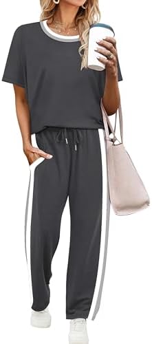 WIHOLL 2 Piece Lounge Sets for Women Matching Set Summer Outfits Short Sleeve Tops Wide Leg Pants with Pockets