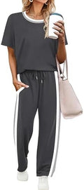 WIHOLL 2 Piece Lounge Sets for Women Matching Set Summer Outfits Short Sleeve Tops Wide Leg Pants with Pockets