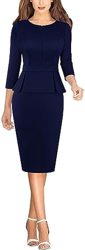 VFSHOW Womens Work Business Office Front Zipper Peplum Church Sheath Dress