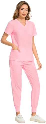 COZYFIT Scrubs for Women Set - Stretch V-Neck & Jogger Pant with 9 Pockets