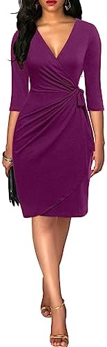Berydress Women's 3/4 Sleeve V Neck Casual Party Work Faux Black Wrap Dress
