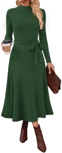 OFEEFAN Long Sleeve Dress Mock Neck Tie Waist Ribbed Knit Midi Dresses Fall Outfits