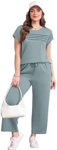 WIHOLL Two Piece Sets for Women Summer Spring Travel Vacation Outfits Cap Sleeve Lounge Matching Sets Wide Leg Pants S-3XL