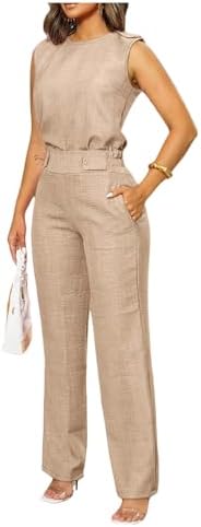 Floerns Women's 2 Piece Sets Dressy Outfits Bussiness casual Crew Neck Sleeveless Blouse and Elegant Pants Set