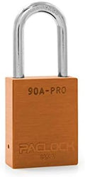 PACLOCK's 90A-PRO Padlock, 1/4" Diameter Hard. Steel Shackle, 1-1/2" Tall, High Performance 7-Pin Cylinder w/ 1 Key, Keyed Differently, Orange