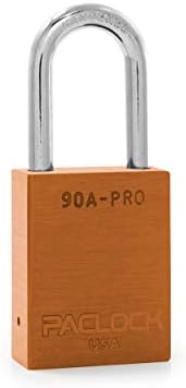 PACLOCK's 90A-PRO Padlock, 1/4" Diameter Hard. Steel Shackle, 1-1/2" Tall, High Performance 7-Pin Cylinder w/ 1 Key, Keyed Differently, Orange