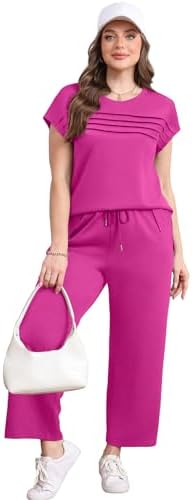 WIHOLL Two Piece Sets for Women Summer Spring Travel Vacation Outfits Cap Sleeve Lounge Matching Sets Wide Leg Pants S-3XL