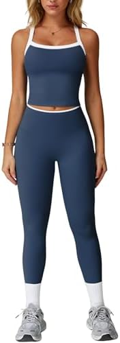 QBGJTD Womens Workout Sets Two Piece Cross Back Tank Top Matching High Waist Leggings Sets Gym Outfits Work Out Clothes