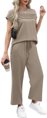 WIHOLL Two Piece Sets for Women Summer Spring Travel Vacation Outfits Cap Sleeve Lounge Matching Sets Wide Leg Pants S-3XL