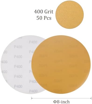 50pcs No Hole Sanding Discs- [ 8 Inch 400 Grit ] Round Hook and Loop Grip Sanding Pads Sheet Sandpaper for Automotive Woodworking Metal Polishing Use| Gold, Aluminum Oxide