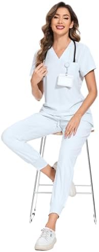 COZYFIT Scrubs for Women Set - Stretch V-Neck & Jogger Pant with 9 Pockets