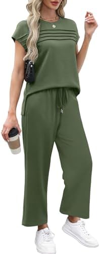 WIHOLL Two Piece Sets for Women Summer Spring Travel Vacation Outfits Cap Sleeve Lounge Matching Sets Wide Leg Pants S-3XL