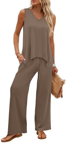 WIHOLL Two Piece Sets for Women Dressy Lounge Sets Summer Outfits Cruise Travel Beach Vacation Casual Wide Leg Pants Set
