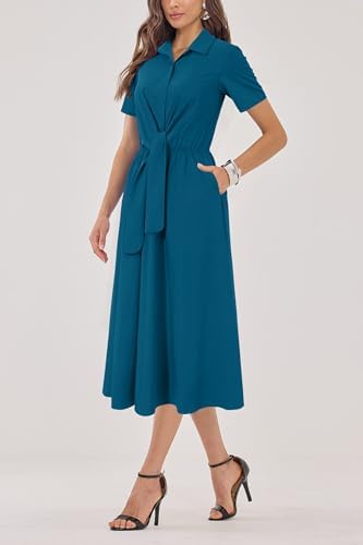 Newshows Women's Work Business Casual Outfits Tie Waist Midi Shirt Dress