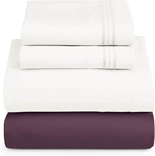 Nestl Queen Sheets Set - 4 Piece Queen Bed Sheets, Extra Soft, Double Brushed Bedding for Queen Size, 2 Tone Eggplant/White Set, Eggplant Fitted Sheet, White Flat Sheet, White Pillow Case
