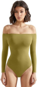 SUUKSESS Women Off Shoulder Long Sleeve Bodysuits Double Lined Basic Tops