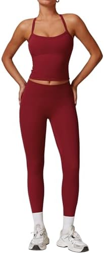 QBGJTD Womens Workout Sets Two Piece Cross Back Tank Top Matching High Waist Leggings Sets Gym Outfits Work Out Clothes