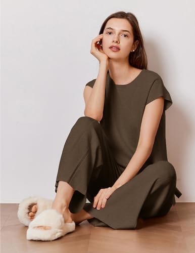 Ekouaer Lounge Sets for Women Two Piece Outfits Knit Cap Sleeve Tops Wide Leg Pleated Pants Casual Dressy Sweater Sets