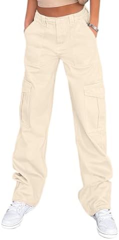 Lepunuo Cargo Pants for Women High Waisted Casual Pants Baggy Stretchy Wide Leg Y2K Streetwear with 6 Pockets