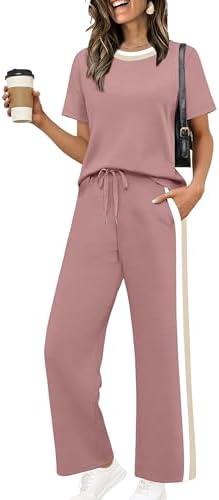 WIHOLL 2 Piece Lounge Sets for Women Matching Set Summer Outfits Short Sleeve Tops Wide Leg Pants with Pockets