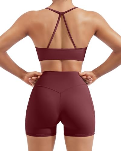 SUUKSESS Women 2 Piece Workout Sets Padded Halter Sports Bras High Waisted Biker Shorts with Pockets