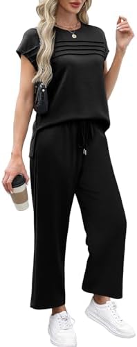 WIHOLL Two Piece Sets for Women Summer Spring Travel Vacation Outfits Cap Sleeve Lounge Matching Sets Wide Leg Pants S-3XL