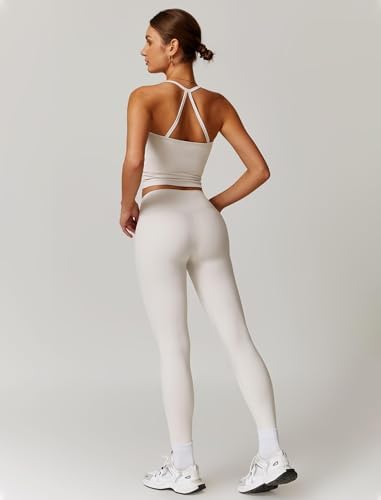 QBGJTD Womens Workout Sets Two Piece Cross Back Tank Top Matching High Waist Leggings Sets Gym Outfits Work Out Clothes