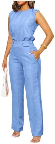 Floerns Women's 2 Piece Sets Dressy Outfits Bussiness casual Crew Neck Sleeveless Blouse and Elegant Pants Set