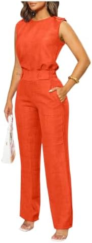 Floerns Women's 2 Piece Sets Dressy Outfits Bussiness casual Crew Neck Sleeveless Blouse and Elegant Pants Set
