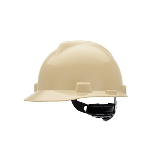 MSA 495856 V-Gard Cap Style Safety Hard Hat With Fas-Trac III Ratchet Suspension | Polyethylene Shell, Superior Impact Protection, Self Adjusting Crown Straps - Standard Size in Light Buff