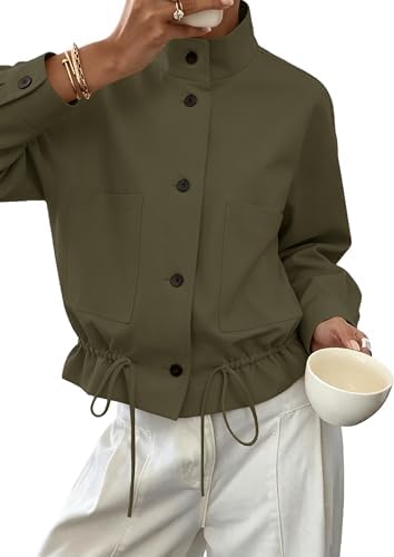Womens Funnel Neck Jackets Fall Casual Ruffle Hem Cropped Coats