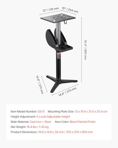 VEVOR Bench Grinder Stand, Bench Grinder Vise Floor Pedestal with 12" x 10" Mounting Plate, 5-Level Height Adjustable Pedestal Stand with Grinding Wheel Storage Compartment & Heavy-Duty Cast Iron Base