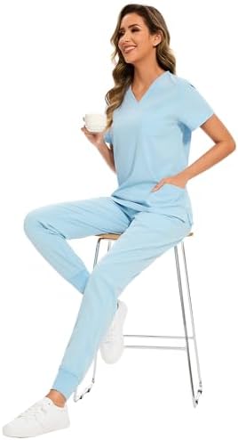 COZYFIT Scrubs for Women Set - Stretch V-Neck & Jogger Pant with 9 Pockets