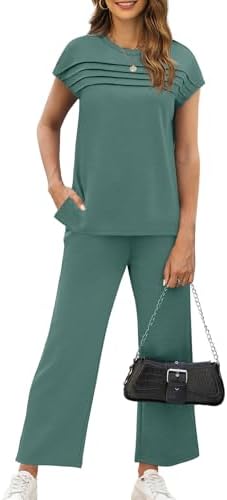 WIHOLL Two Piece Sets for Women Summer Spring Travel Vacation Outfits Cap Sleeve Lounge Matching Sets Wide Leg Pants S-3XL