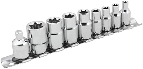 Performance Tool W1338 9-Piece 1/4 and 3/8 in. Drive E-Torx Socket Set | Car mechanic tools. Includes bonus storage rail and adapter. Heat-treated alloy steel with polished chrome finish