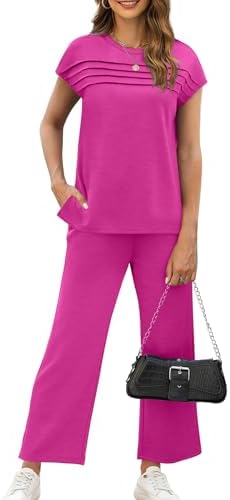 WIHOLL Two Piece Sets for Women Summer Spring Travel Vacation Outfits Cap Sleeve Lounge Matching Sets Wide Leg Pants S-3XL