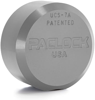 PACLOCK's 7-Series Flat Back Puck w/Tapped Holes, High Security Rotating Disc, Manufacturer-Controlled Key Assigning, Exclusive Key Number, Keyed Differently w/ 1 Key, Silver