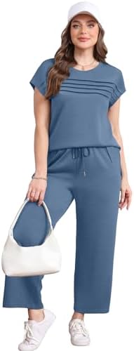 WIHOLL Two Piece Sets for Women Summer Spring Travel Vacation Outfits Cap Sleeve Lounge Matching Sets Wide Leg Pants S-3XL